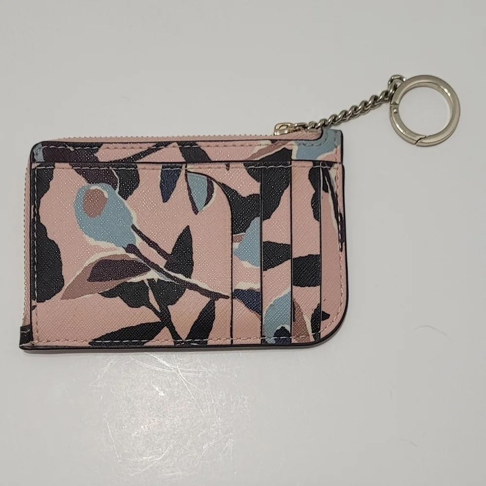 Kate Spade floral zip card holder keyring in blush and black - Picture 2 of 5